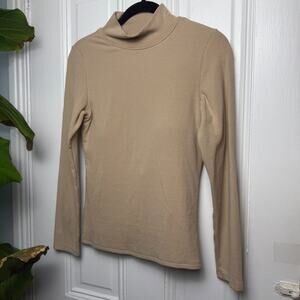 Klassy Network Ribbed Knit Turtleneck Built-in Bra Top Tan Long Sleeve Womens